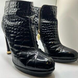 Tory Burch Black Croc-Patterned Heeled Boots